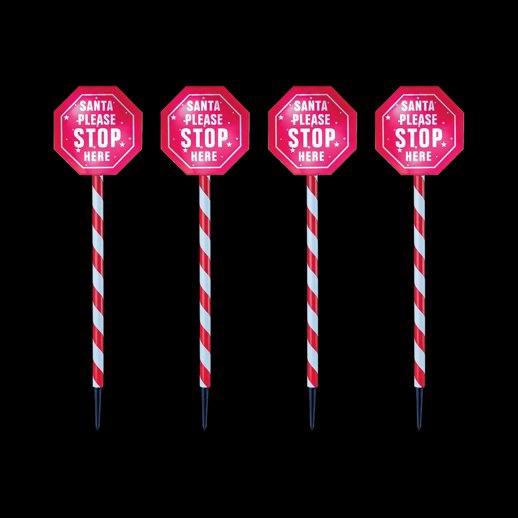 Set of 4 LED Santa Stop Here Connectable Stakes - Johnny Boy