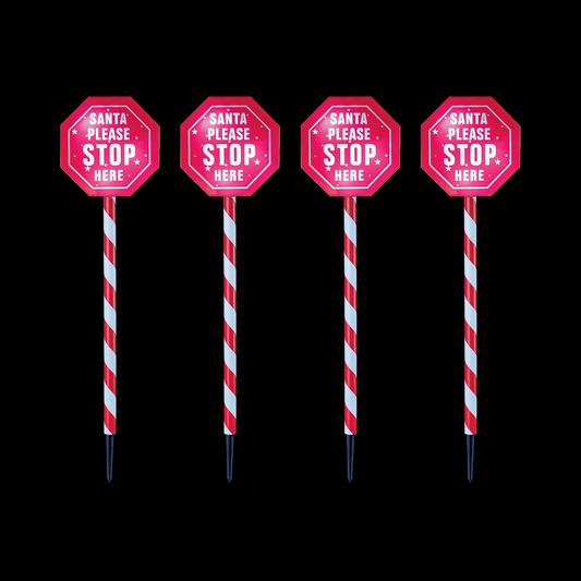 Set of 4 LED Santa Stop Here Connectable Stakes - Johnny Boy